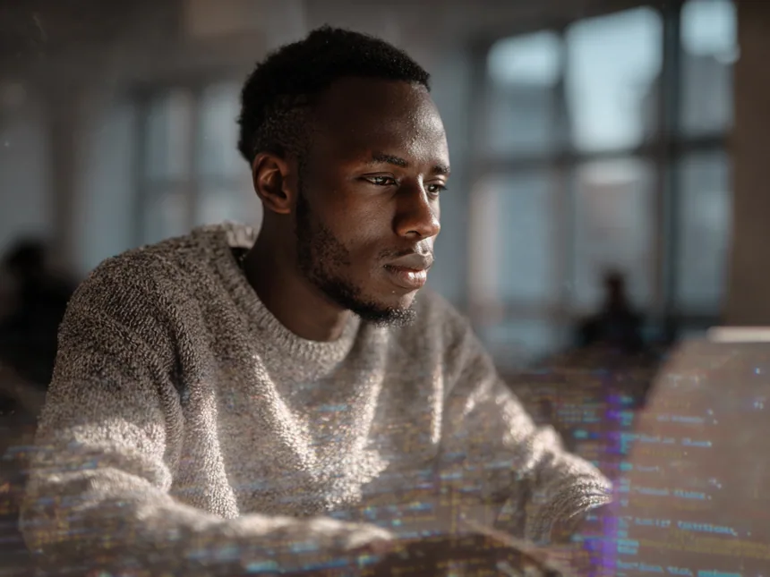 A career-changer working on a laptop in a bright space