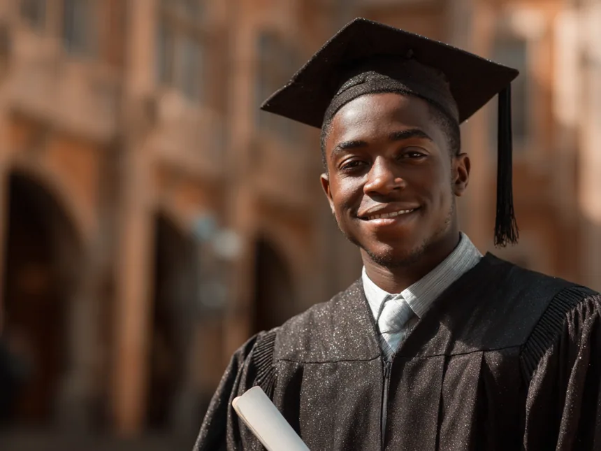 A graduate in cap and gown holding a diploma