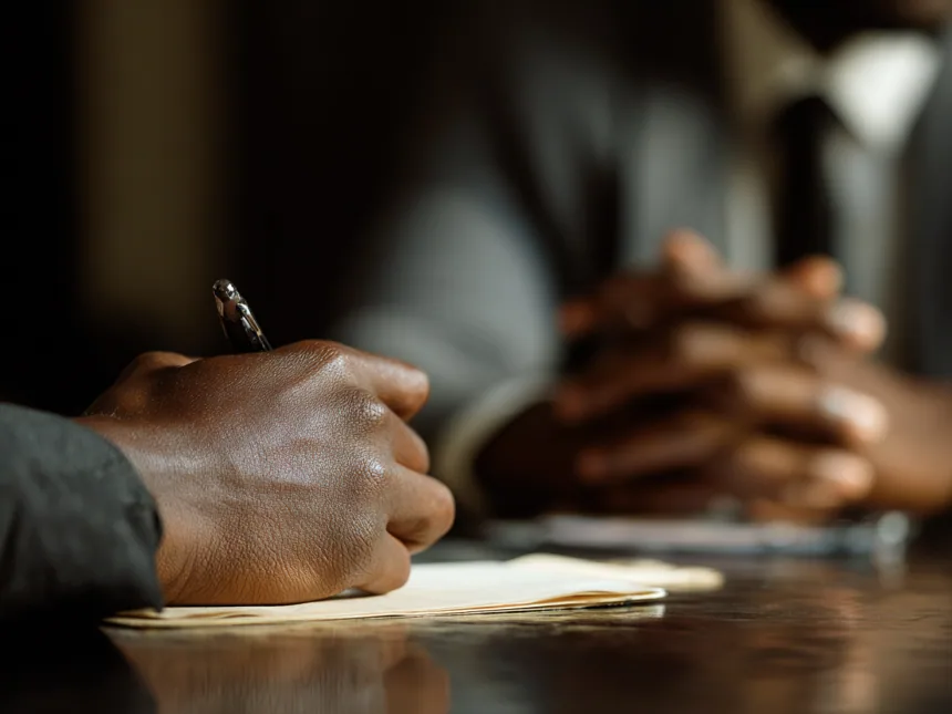 Hands and a pen on a notepad during interview preparation