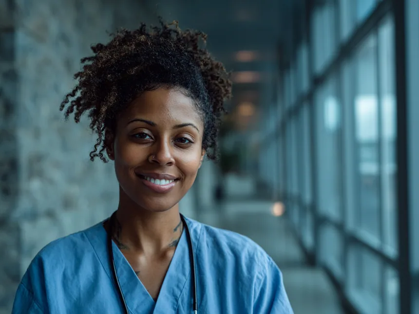 A nurse in scrubs in a bright hospital corridor
