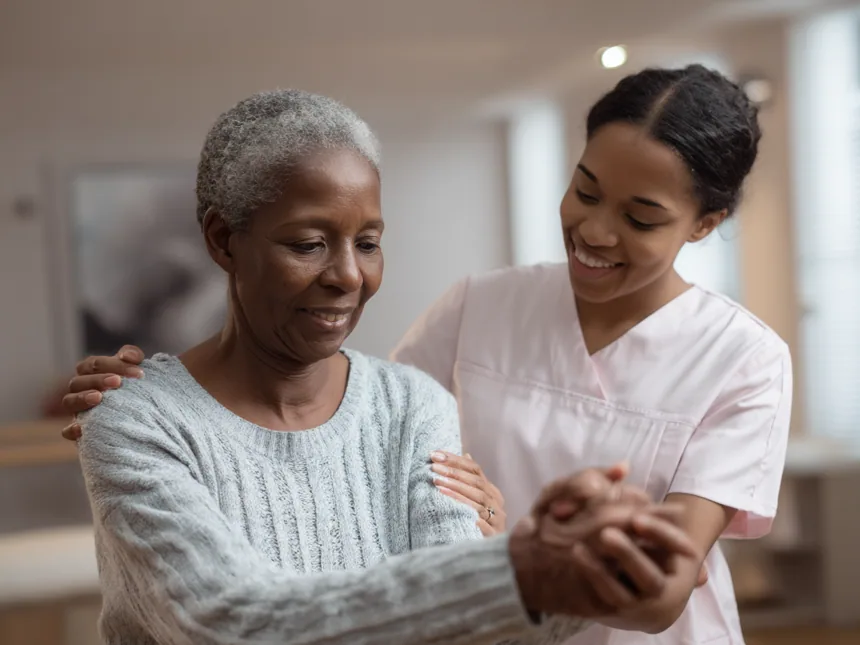 An occupational therapist guiding a patient through a hand exercise