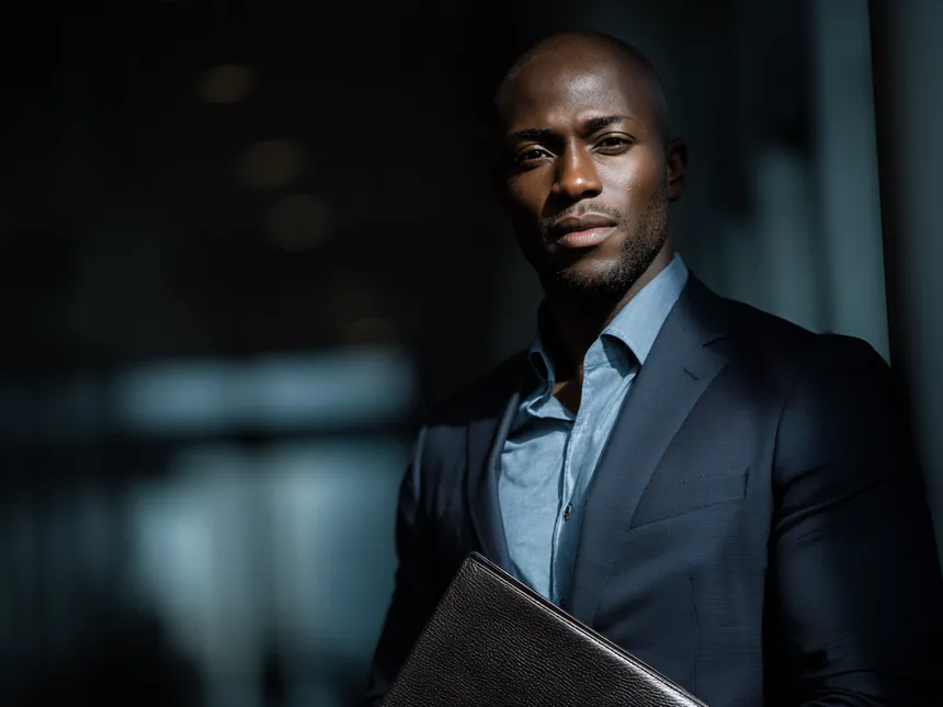 A confident professional in a suit holding a folder